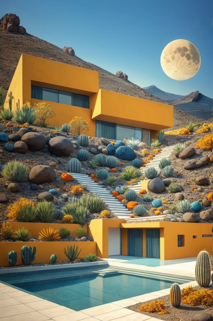 An illustration in collage style, with giant boulders, brutalist building sections, terraces, stairs, cacti, agave, concrete texture, multiple geometric shapes, hatch and cross hatching, planet saturn, volcano, moon, Luis Barragán's architectural style build, milky way galaxy, violet, one motorcycle, An illustration in collage style, with giant boulders, brutalist building sections, stairs, cacti, agave, concrete texture, multiple geometric shapes, hatch and cross hatching, planet saturn, volcano, moon, Luis Barragán's architectural style build, reflective pool, terraces. An elegant and modern build, in top of big boulders, with terraces, materials concrete, wood, steel and crystal, various gardens with tropical vegetation, cacti and rocks, stairs, a pool. In middle of sea, a big wave near, sunset, mountains and a volcano in the horizont, cute islands around, illustration format, cute color palette, detailed, masterpiece, award-winning work, clouds, Illustration, a garden with abundant cacti, ((various organic sculptures)), ((big rocks)), (((multiple sections))), collage style, detailed, (((color palette (olive green), (Mustard orange), cool grey, ((blue)), black and white))), (((a lot Luis barragán's architecture style builds))) big clouds, volcano in horizon, stairs, in the desert. ((masterpiece, best quality)),illustration,ultra detailed 8k, ((Ori Toor visual style)),soviet, megabuildings, megastructures, buildings, organic steel sculpture