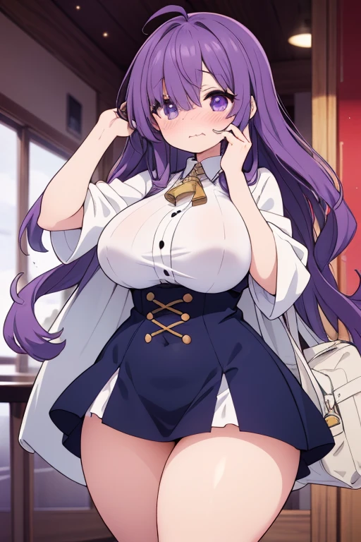 (masterpiece), (highest quality), ((Super detailed))、(super delicate)、Cute naughty Artificer mother、Pastel colors hair、(overwhelmingly :1.2, Thighs:1.2, thick legs:1.2, curvy:1.2, towering stature:1.6, massive fat thick unnatural belly, Plump、Gorgeous、purple eyes, (hair over one eyes:1.3, ahoge, messy hair:1.2, tired hair:1.2, flipped haiery long hair, bags under eyes:1.3), black hair, (purple hair:1.1), (blush:1.2, emberrased:1.2, quiet personality:1.2, scared:1.2, looking away, wavy mouth), naked, hand ovee