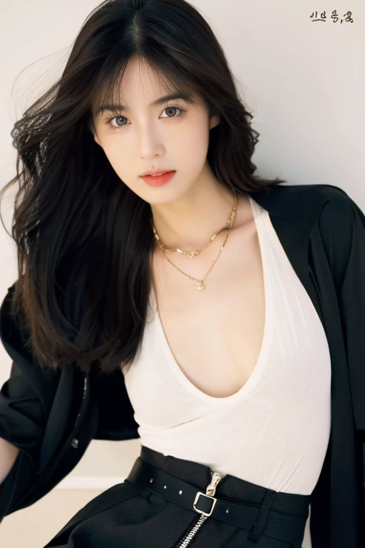 ((best quality)), ((masterpiece)), (detailed), 1girl, beautiful straight black long hair , seductive gaze ,perfect body ,sexy pose , perfect face , Black Jacket , white Singlet , black short pants , boots , luxury golden necklace , luxury bracelets , standing position 