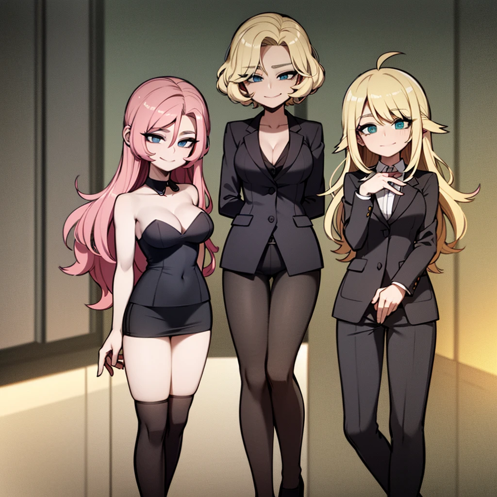 three sexy businesswomen on a date with 4 years old boy with blonde hair, flirtatious smiles, both women looking at boy, view from below