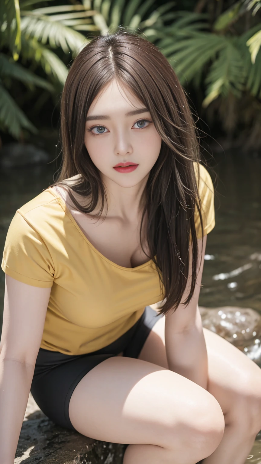 ((18 year old, beautiful lady)), ((1 lady, wearing Yellow T-shirt)), ((Black tight leggings)), ((Casual Uniform)), ((Sitting on the rock)), zoom camera in the crotch, angle from below), looking to the side, very smile, blushing, ((background waterfalls in the forest)), distressed, reluctant, glare, (sexual arousal:1.5, ) , NSFW, 8k, RAW photo, masterpiece, absurdity, top quality, high resolution: 1.1, ultra-detail, hyper-realistic: 1.4, realistic, photorealistic: 1.3, cinema light, film grain, closeup, full body, depth of field, eye focus, young, 85mm lens, f/1.4, Professional lighting, portrait, photon mapping, radiocity, physically based rendering, transparency, soft light, realistic face, realistic body, realistic skin, clean: 1.8, Dark red hair, hairstyle to match the trend of Japan in 2023, Big tits not closed: 1.2, blusher, good style, (very dark lip gloss, bright red lipstick, so many eyelashes, Blue eyes, pitch black eyeshadow Big tits), company, camel toe, long legs, PureErosFace_V1: 0.8, dynamic pose
