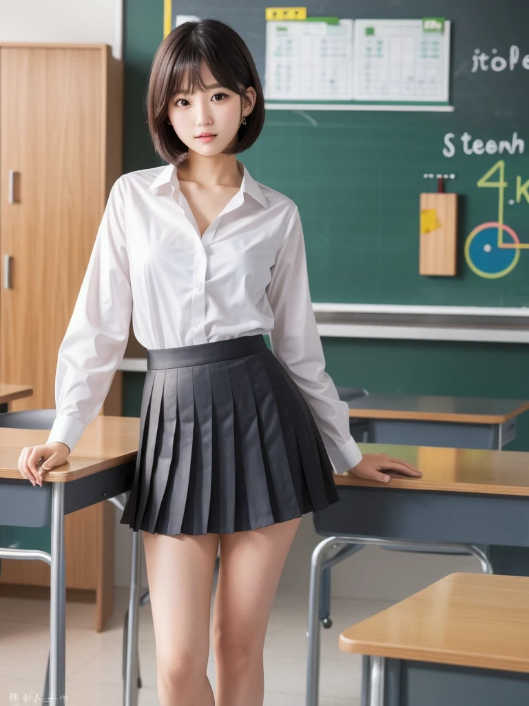 (8k, Photorealistic, Raw photo, Highest quality: 1.4),Japanese idol-style beautiful girl,1 person,,Hairstyle(Short Bob,Black),She has her hair tucked behind her ears,Large, clear grey eyes,Long eyelashes,Plump Cheeks,Thin and delicate shoulders,thin abdomen,Open shirt(The front is fully open..4),Pleated skirt,School classroom,Full body portrait