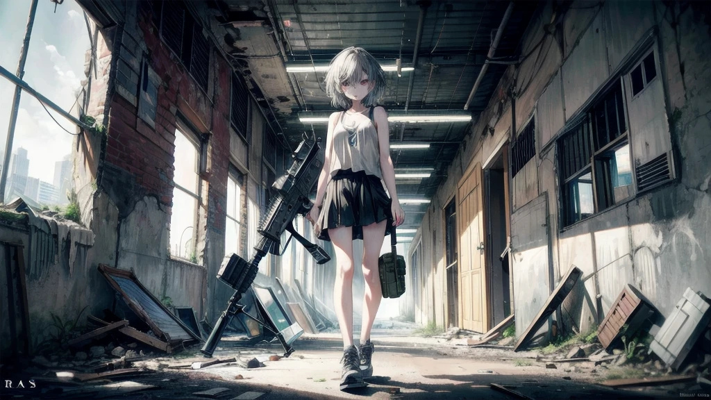 (Torn clothes), Tank top shirt, skirt, Anti-tank rifles, Rocket Launcher, Assault rifle, Beam rifle, Handgun, Abandoned building, Absurd, RAW Photos, Very delicate and beautiful, masterpiece, highest quality, Ultra-high resolution, 32k, Surreal, Super detailed, Detailed Description, Pale skin, 20-year-old, Tearful mole, Earrings, Short Medium Hair, Wavy Hair, Full Body Shot, 