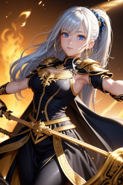 #Basics A girl is posing for a photo, animeのかわいい女の子, (((One Girl, Baby Face, 16 years old))),
BREAK
#Clothing Accessories
((Gold on black)Armor with a flame motif:1.4 : (Gold on black)Gauntlet of:1.4 + (Gold on black)Breastplate:1.4 + (Gold on black)Chest armor:1.4 + (Gold on black)Shoulder rest:1.4 + ((Gold on black)Long skirt-like protective armor:1.4 +Combat Long Skirt) + Black cape + Holding a big spear:1.4),
((Golden hoop earrings)),
BREAK
#Features
(Silver Hair:1.4, Chest-length sideburns, ponytail : Hair blowing in the wind + Very long hair + Curly hair + Messy Hair),
(Droopy eyes,blue eyes), (Small breasts),
BREAK
#expression
(smile),
#background environment
((noon:1.4 + Grassland with horizon view:1.4 + blue sky + Sunshine)),
#composition
(Face the viewer:1.4, from below:1.4, (Dynamic Pose:1.4 + Are standing:1.4), Cowboy Shot:1.4),
BREAK
#Body parts elements
(Beautiful Hair,Shiny Hair),
(double eyelid, Long eyelashes),
(Expression of fine eyes, Beautiful and delicate eyes, Sparkling eyes, Eye Reflexes),
(Human Ear),
(Beautiful Nose, Thin Nose),
(Glossy lips, Beautiful Lips, Thick lips), (Symmetrical facial features),
(Detailed skin, Textured skin, Beautiful Skin),
BREAK
#Quality
(((highest quality)), ((masterpiece)), ((Very detailed))), ((High resolution), (16k,1080p)),
(Realistic), (Anatomically correct),
((comics, anime)), (3DCG), CG illustration,