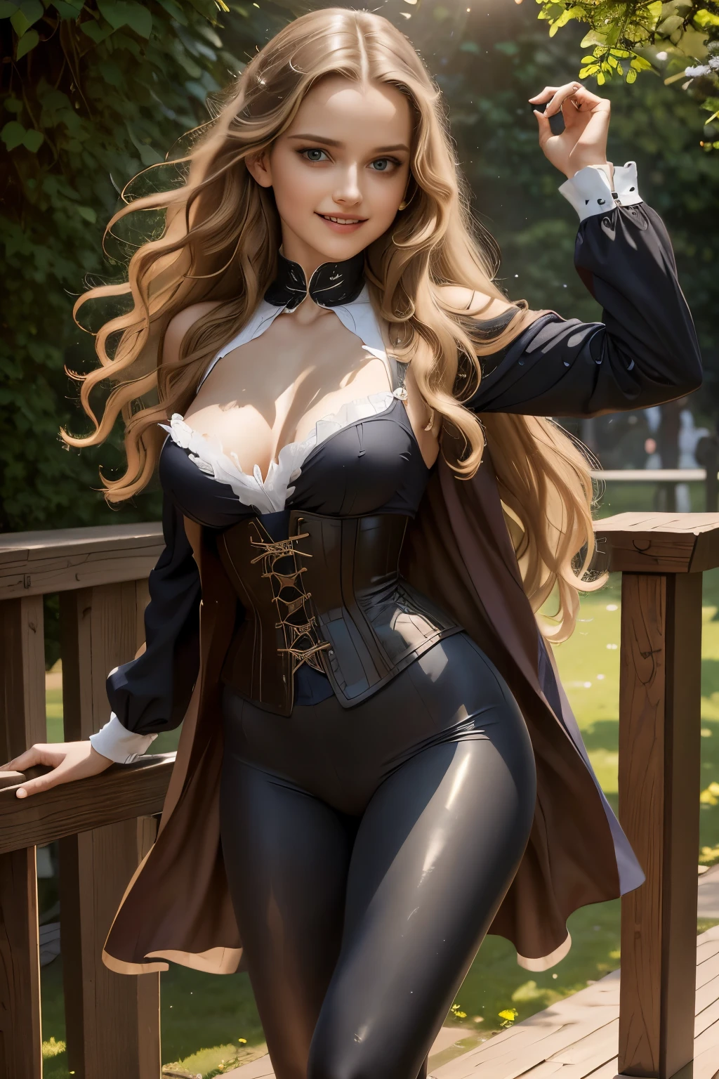 masterpiece), best quality,young Virginia Otis  With flowing golden locks cascading down her slender neck,blonde Virginia Otis possesses captivating blue eyes filled with wisdom and curiosity. Her tall, lithe frame dons a revealing corset adorned with intricate lace patterns, showcasing her enviable hourglass figure. A pair of form-fitting black leggings emphasizes her toned legs, finishing just below her knees. Over this alluring ensemble, she drapes a regal velvet cloak that swirls dramatically around her feet when she moves. Her elegant fingers bear the weight of multiple ornate rings, each telling a tale of its own. A defiant smile plays upon her lips as she dares to step into the unknown, prepared to face whatever lies ahead—all while keeping an irresistible air of femininity and bravery intact.  Donning a pair of sophisticated, yet practical oxford shoes, their black leather gleaming under the candlelight, Virginia completes her alluring ensemble. As for the colors of her clothing, the corset and leggings are adorned with meticulously placed silver sequins that sparkle in the flickering shadows, adding a hint of luxury to her daring attire. The velvet cloak features subtle hints of purple and gold threads woven into its rich fabric, echoing the mystique surrounding her life as an occult investigator. Her choice of jewelry consists mainly of silver accessories embellished with gemstones such as amethyst and topaz, symbolizing protection and clarity—attributes she deeply values in her work