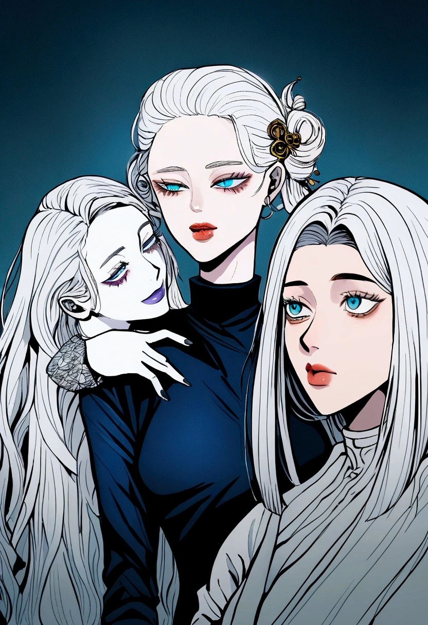 A girl has black long hair,she has hime styles for her hair,she has ocean blue eyes,white rosy skin and she from Jujutsu Kaisen,she is Gojo student,style art Jujutsu Kaisen,she is talking with a tall white hair man