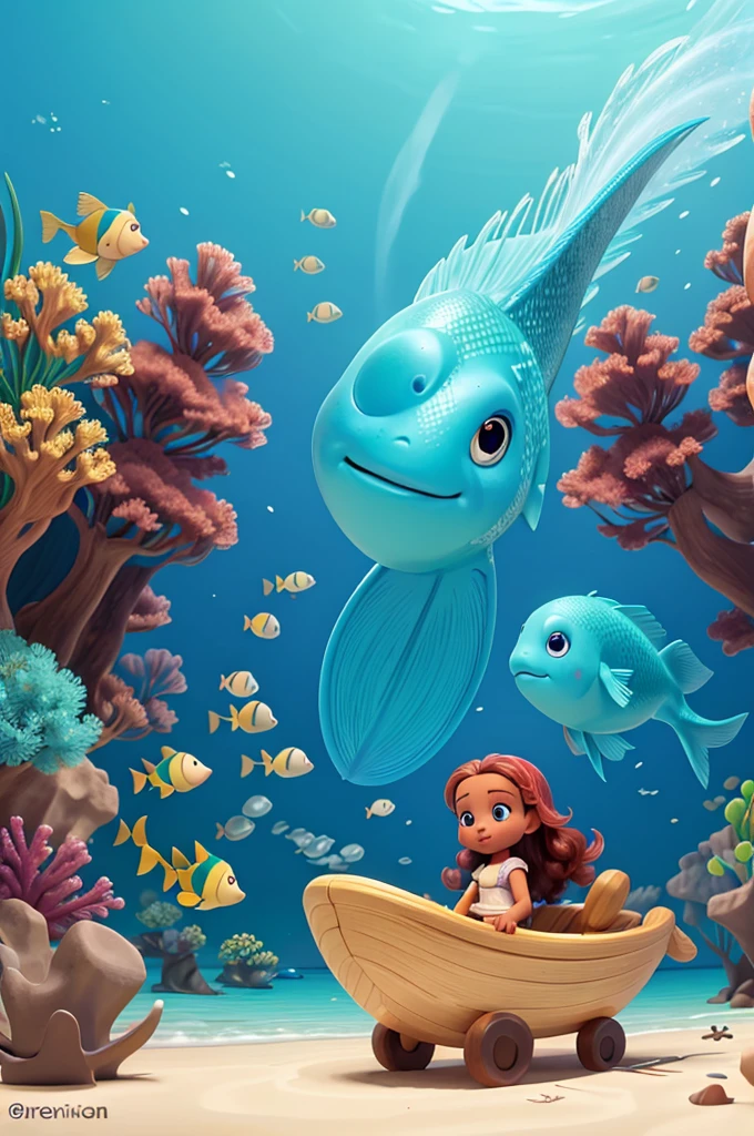 Pequena sereia de cabelos longos brincando com peixes grandes no oceano, oceano turquesa, illustration style, colorido brilhante
