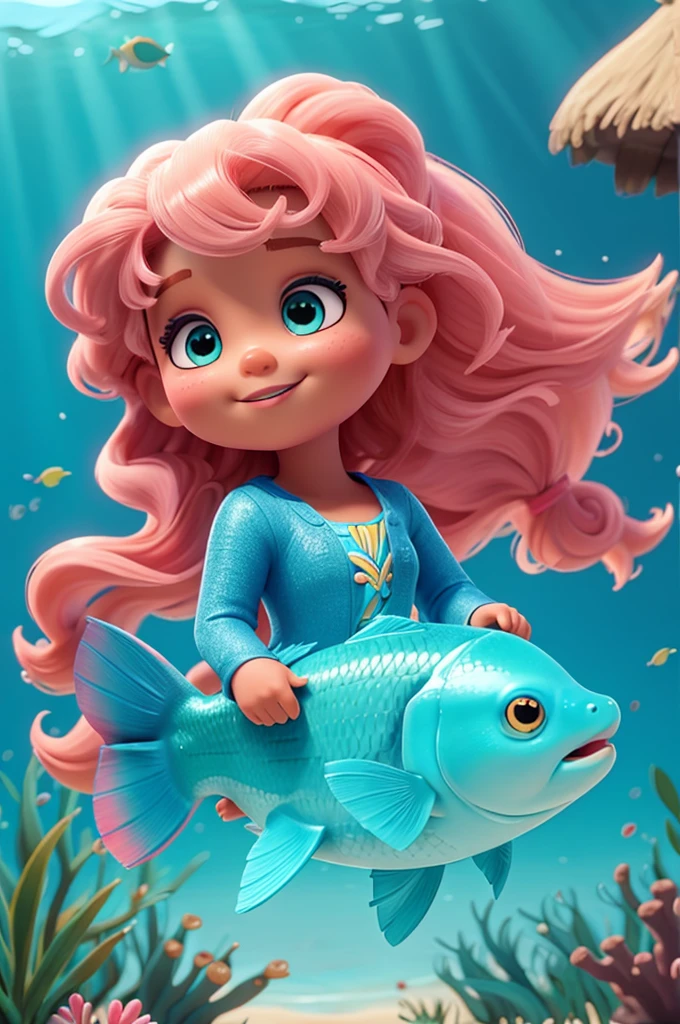 Pequena sereia de cabelos longos brincando com peixes grandes no oceano, oceano turquesa, illustration style, colorido brilhante