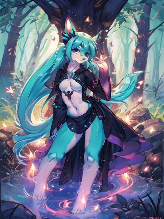 Chica anime, anime style, cute hatsune miku x suicune, shy girl , Orejas de Kitsune, arte de dark natasha, autum forest landscape, arte de vixen aztra, cuerpo completo, patas hermosas, cintura delgada, caderas amplias, piernas torneadas, hermosa, foto de cuerpo completo, sensual navel blouse, black mini skirt, navel piercing, ear piercing, navel tattoo, shy pose, beatifull and detailed hands, hincada en una playa mirando las estrellas de noche, witch girl, black aura, magic girl,  witc dress, pentagrama in flor, sensual teennaged 