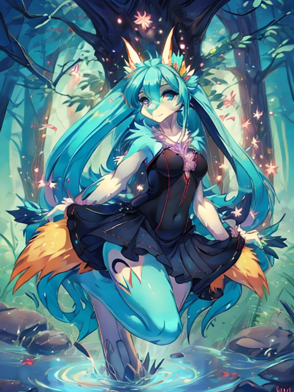 Chica anime, anime style, cute hatsune miku x suicune, shy girl , Orejas de Kitsune, arte de dark natasha, autum forest landscape, arte de vixen aztra, cuerpo completo, patas hermosas, cintura delgada, caderas amplias, piernas torneadas, hermosa, foto de cuerpo completo, sensual navel blouse, black mini skirt, navel piercing, ear piercing, navel tattoo, shy pose, beatifull and detailed hands, hincada en una playa mirando las estrellas de noche, witch girl, black aura, magic girl,  witc dress, pentagrama in flor, sensual teennaged 