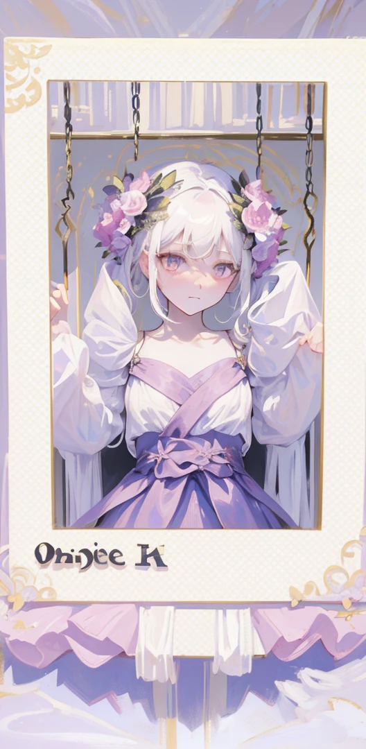 (Extremely delicate, masterpiece, excellent light and shadow, 8K HD wallpaper), white hair, golden eyes, intermittently translucent white clothes, looking at the upper body, lacy hair accessories, pale pink skin, tie at the waist, side braid swing.