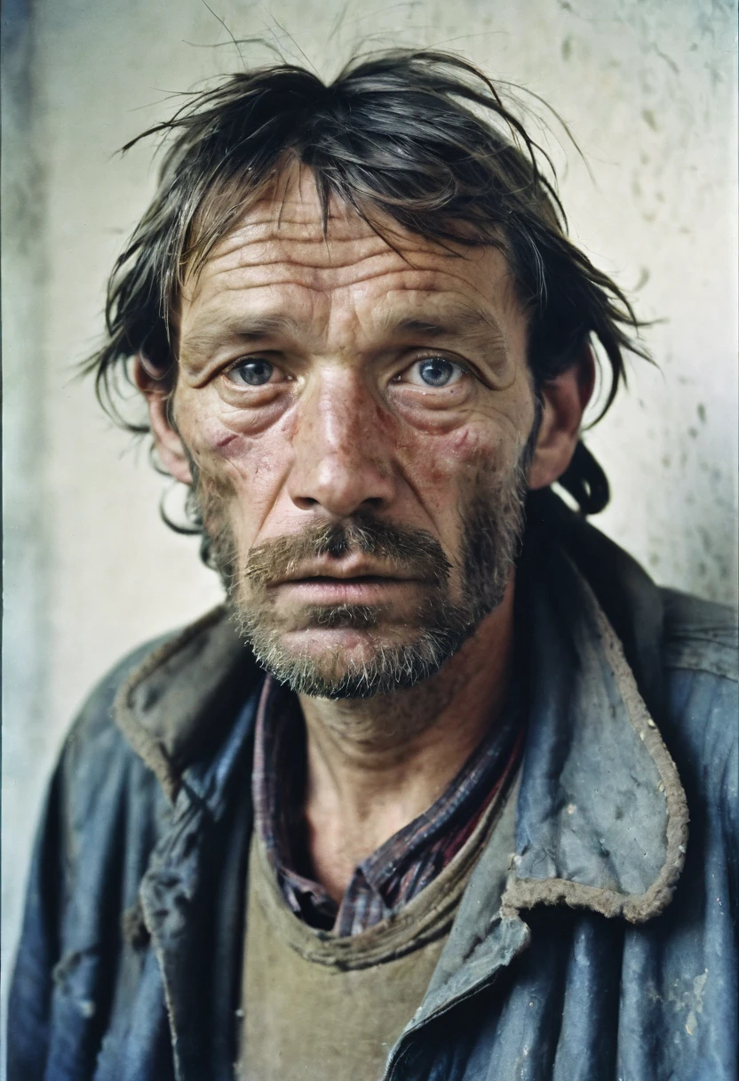 color photo. man 40 years old. Homeless, Alcoholic. Very untidy look, bad skin. Haggard look. Portrait photo against a white wall in the USSR 1980s High detail