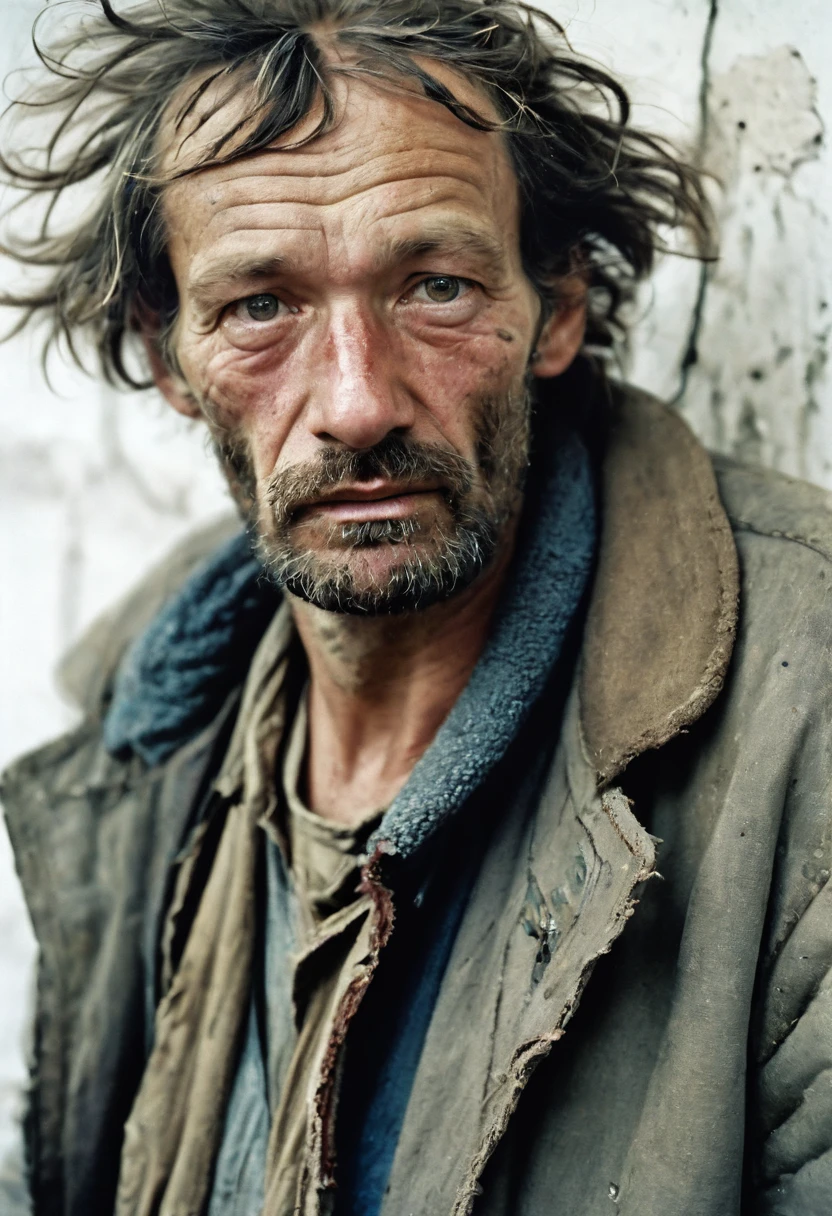 color photo. man 40 years old. Homeless, Alcoholic. Very untidy look, bad skin. Haggard look. Portrait photo against a white wall in the USSR 1980s High detail