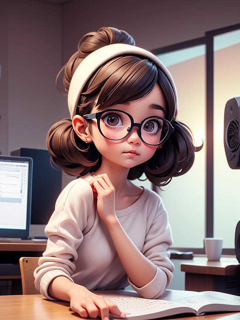 Cute young girl, wearing glasses, shoulder-length hair tied in a dot, typing intently at a computer.
