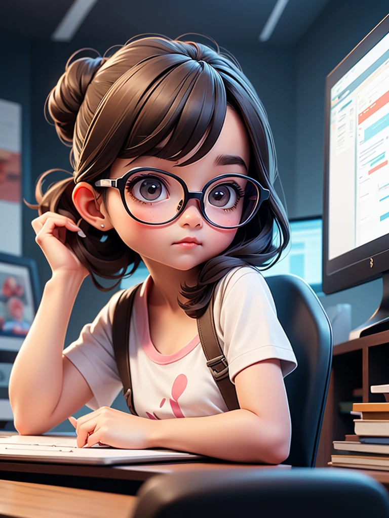 Cute young girl, wearing glasses, shoulder-length hair tied in a dot, typing intently at a computer.