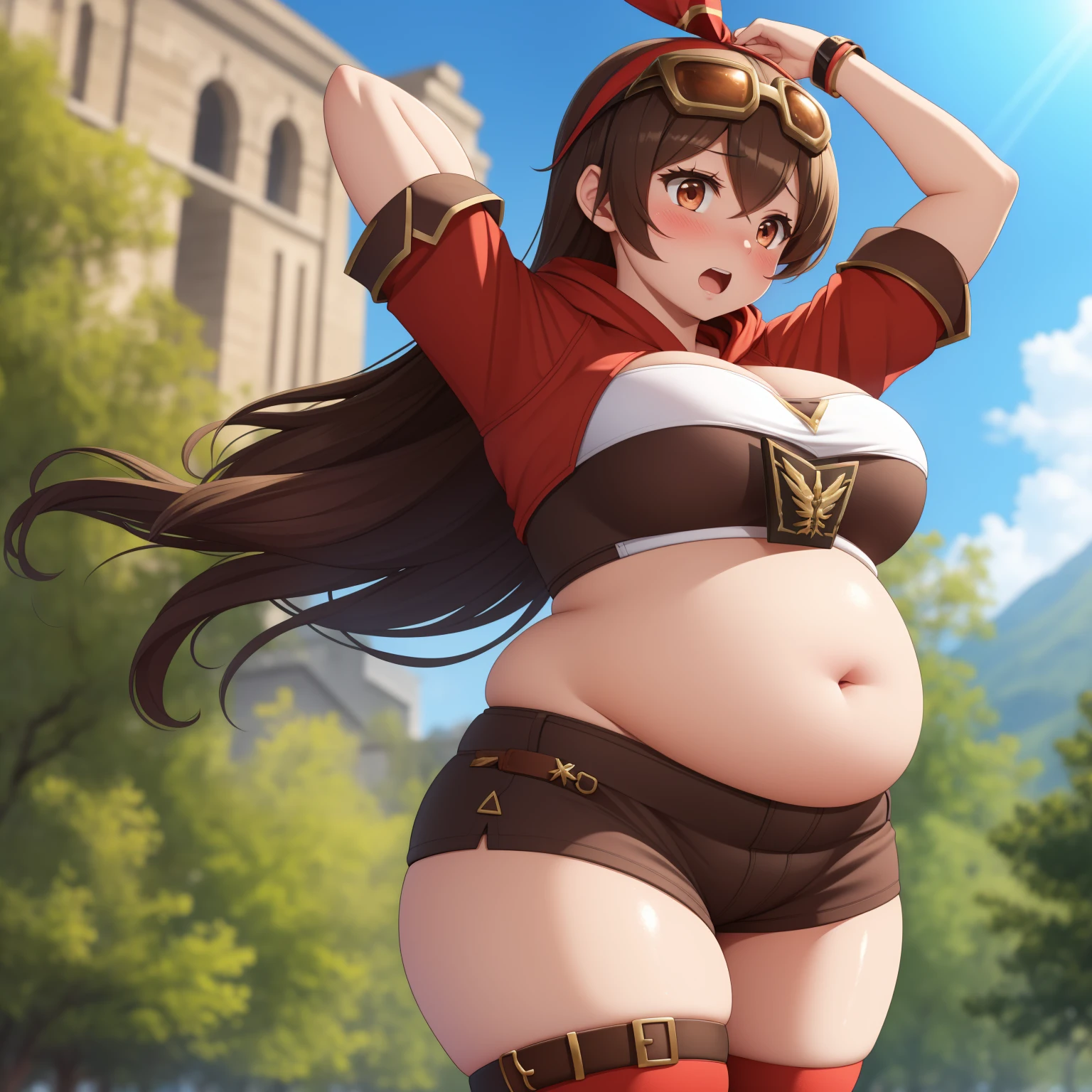 Amber 5 Star, red blush, plein air, tag, simple background,((big belly, massive belly, chubby, giant belly)), shocked, open mouth, (hands behind head:1.4), (solo:1.5)