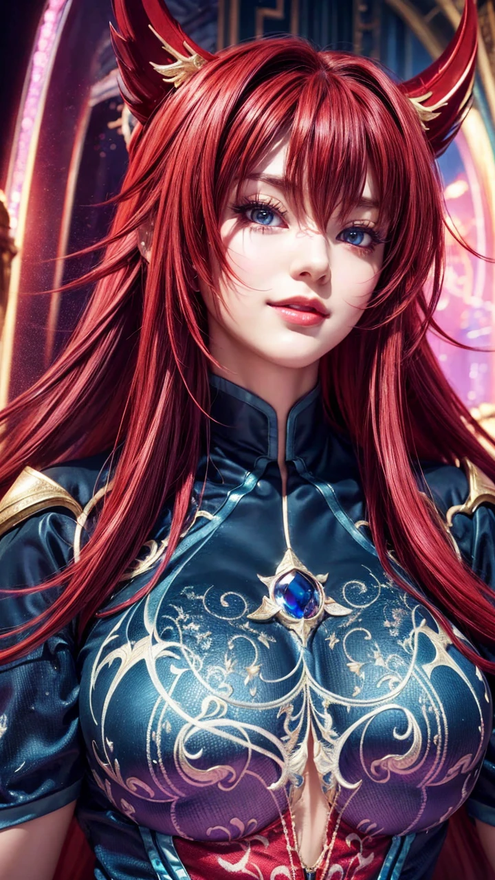 1girl, solo, rias gremory, looking at viewer, smile, upper body, detailed face, beautiful detailed eyes, beautiful detailed lips, exquisite detail, masterpiece, hyper detailed, 8k, photorealistic, cinematic lighting, dramatic lighting, intricate details, vibrant colors, rich colors, fantasy art, digital art