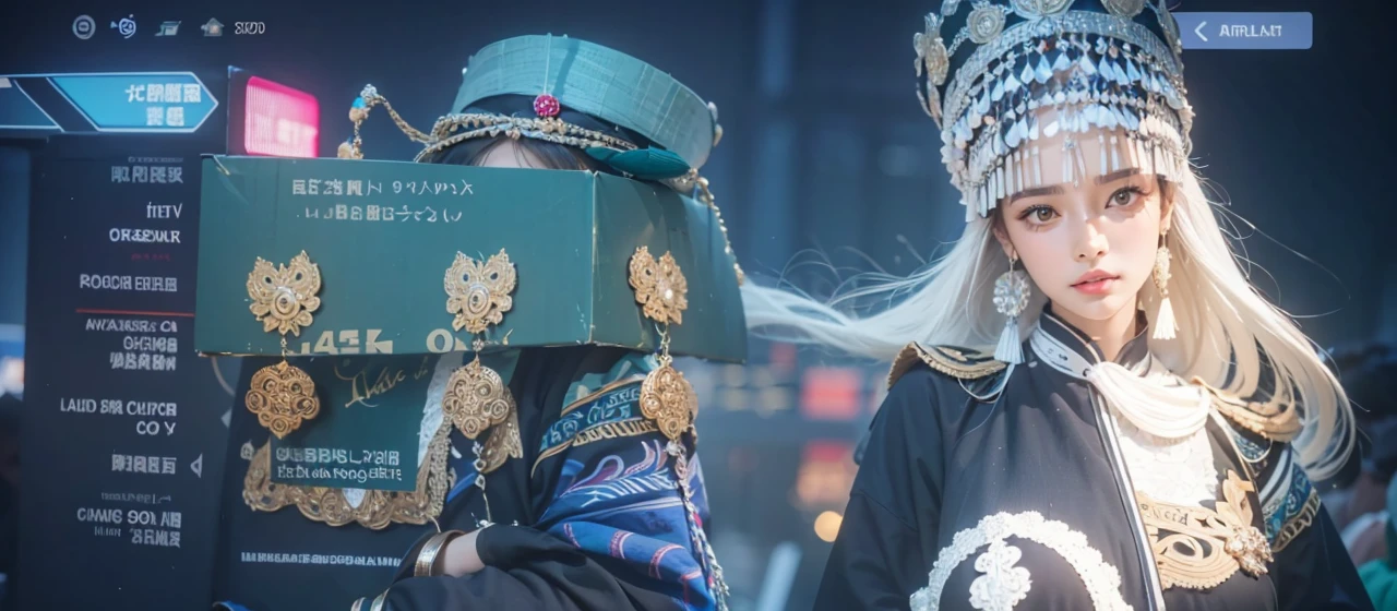 (good structure),high dynamic range,ultra high definition,8k,1 girl,Chinese Yi costumes,silver metal headpiece, brown eyes, earrings, have, jewelry,Yi ethnic metal jewelry,A huge metal have,Headwear metal tassels,Silver metal have, lace, lace trim, lips, long hair, looking at the audience, parted lips, alone, Upper body