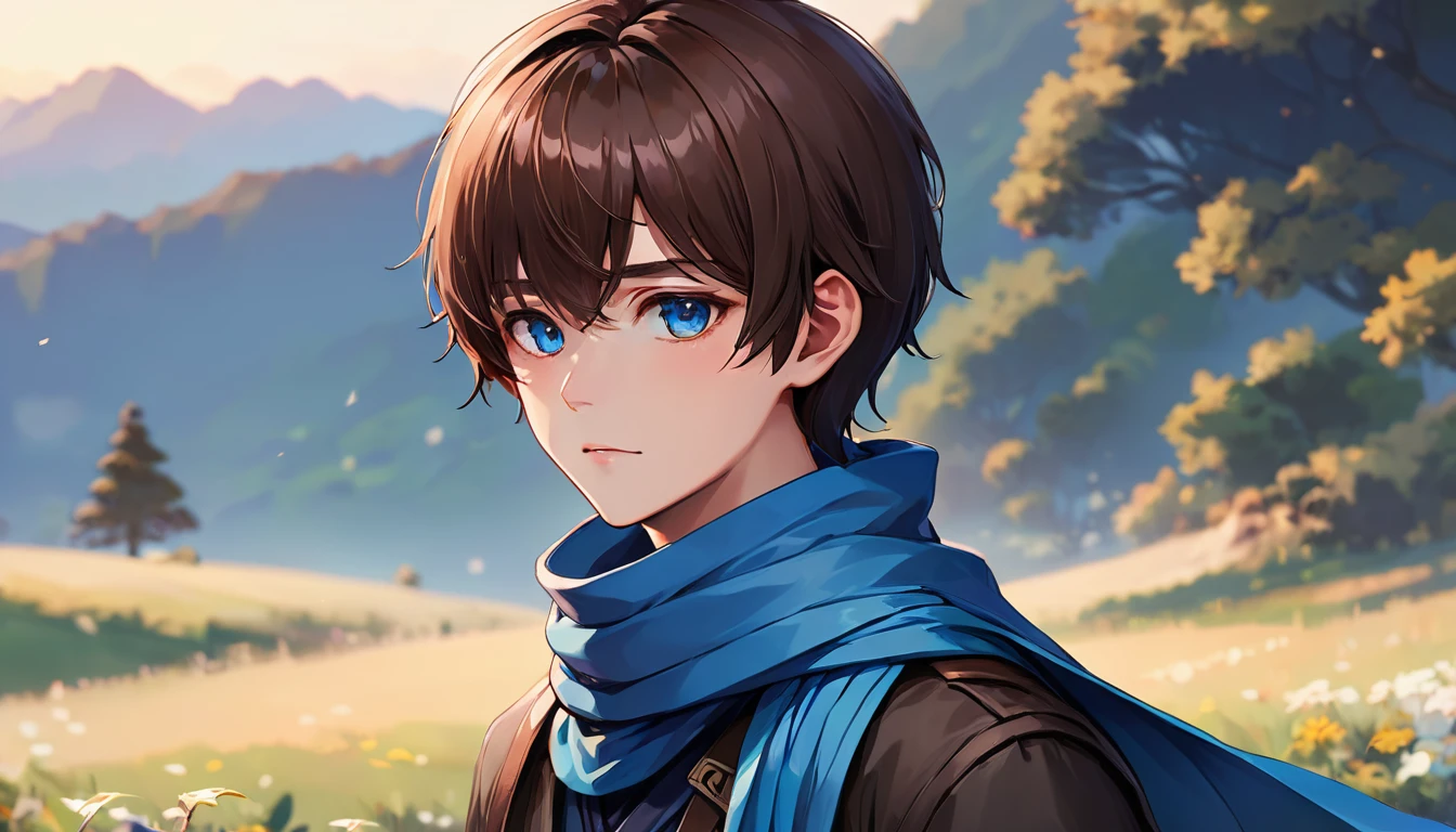 Anime boy with blue scarf and brown hair, 2. 5d cgi anime fantasy art, Genuine, Digital anime art, Detailed Digital anime art, Hero 2d Doujinshi Art, Premium Digital anime art, Artgerm details, Profile image 1024px, Fantasy-style anime, Premium Anime Digital Art, 4K Manga Wallpaper, 8k, highest quality, masterpiece: 1.2, Pixel Avatar Style,