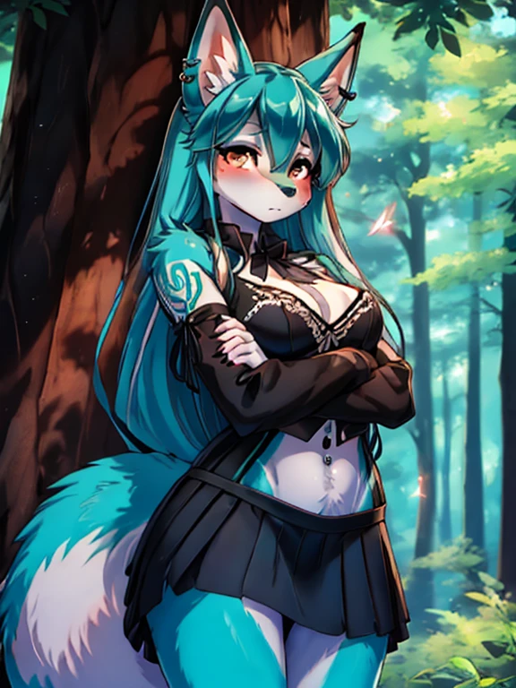 Chica anime, anime style, cute hatsune miku x suicune, shy girl , Orejas de Kitsune, arte de dark natasha, autum forest landscape, arte de vixen aztra, cuerpo completo, patas hermosas, cintura delgada, caderas amplias, piernas torneadas, hermosa, foto de cuerpo completo, sensual navel blouse, black mini skirt, navel piercing, ear piercing, navel tattoo, shy pose, beatifull and detailed hands, hincada en una playa mirando las estrellas de noche, witch girl, black aura, magic girl,  witc dress, pentagrama in flor, sensual teennaged 