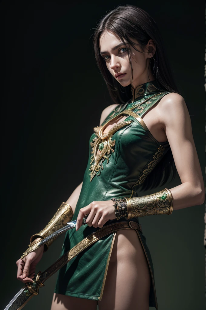Create a highly detailed image of a long sword with a polished steel blade, a handle intricately wrapped with dark green leather strips, a golden hilt adorned with reptilian motifs, and a central, oval-shaped emerald reptilian eye with a black slit pupil, set against a neutral, textured background with soft lighting highlighting the metallic and gemstone elements.