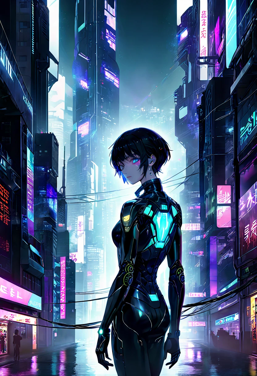 Dans cette image, a cybernetic silhouette emerges from the urban shadows, evoking the universe of "Ghost in the Shell". L'androïde, with both human and mechanical traits, blends into a landscape of bright neon lights and towering skyscrapers, symbolisant la fusion entre l'homme et la machine. The circuits and cables that run through his body sparkle under the city lights, tandis que ses yeux perçants reflètent une intelligence artificielle avancée. Cette scène capture l'essence de la dystopie futuriste, where technology and humanity intertwine inseparably.