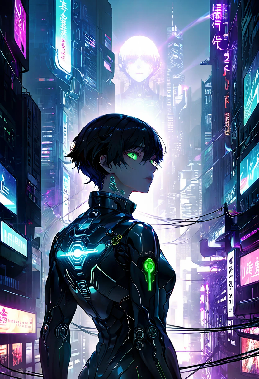 Dans cette image, a cybernetic silhouette emerges from the urban shadows, evoking the universe of "Ghost in the Shell". L'androïde, with both human and mechanical traits, blends into a landscape of bright neon lights and towering skyscrapers, symbolisant la fusion entre l'homme et la machine. The circuits and cables that run through his body sparkle under the city lights, tandis que ses yeux perçants reflètent une intelligence artificielle avancée. Cette scène capture l'essence de la dystopie futuriste, where technology and humanity intertwine inseparably.