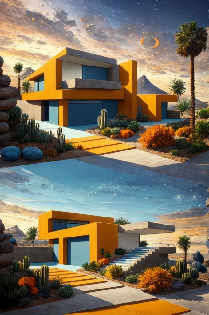 An illustration in collage style, with giant boulders, brutalist building sections, terraces, stairs, cacti, agave, concrete texture, multiple geometric shapes, hatch and cross hatching, planet saturn, volcano, moon, Luis Barragán's architectural style build, milky way galaxy, violet, one motorcycle, An illustration in collage style, with giant boulders, brutalist building sections, stairs, cacti, agave, concrete texture, multiple geometric shapes, hatch and cross hatching, planet saturn, volcano, moon, Luis Barragán's architectural style build, reflective pool, terraces. An elegant and modern build, in top of big boulders, with terraces, materials concrete, wood, steel and crystal, various gardens with tropical vegetation, cacti and rocks, stairs, a pool. In middle of sea, a big wave near, sunset, mountains and a volcano in the horizont, cute islands around, illustration format, cute color palette, detailed, masterpiece, award-winning work, clouds, Illustration, a garden with abundant cacti, ((various organic sculptures)), ((big rocks)), (((multiple sections))), collage style, detailed, (((color palette (olive green), (Mustard orange), cool grey, ((blue)), black and white))), (((a lot Luis barragán's architecture style builds))) big clouds, volcano in horizon, stairs, in the desert. ((masterpiece, best quality)),illustration,ultra detailed 8k, ((Ori Toor visual style)),soviet, megabuildings, megastructures, buildings, organic steel sculpture