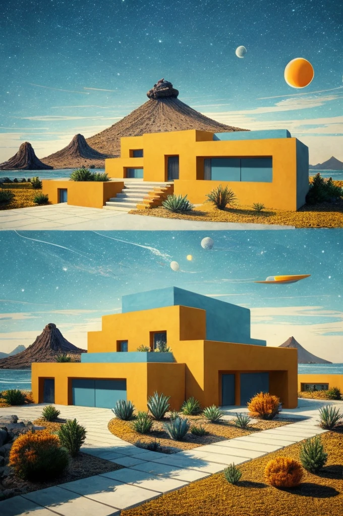 An illustration in collage style, with giant boulders, brutalist building sections, terraces, stairs, cacti, agave, concrete texture, multiple geometric shapes, hatch and cross hatching, planet saturn, volcano, moon, Luis Barragán's architectural style build, milky way galaxy, violet, one motorcycle, An illustration in collage style, with giant boulders, brutalist building sections, stairs, cacti, agave, concrete texture, multiple geometric shapes, hatch and cross hatching, planet saturn, volcano, moon, Luis Barragán's architectural style build, reflective pool, terraces. An elegant and modern build, in top of big boulders, with terraces, materials concrete, wood, steel and crystal, various gardens with tropical vegetation, cacti and rocks, stairs, a pool. In middle of sea, a big wave near, sunset, mountains and a volcano in the horizont, cute islands around, illustration format, cute color palette, detailed, masterpiece, award-winning work, clouds, Illustration, a garden with abundant cacti, ((various organic sculptures)), ((big rocks)), (((multiple sections))), collage style, detailed, (((color palette (olive green), (Mustard orange), cool grey, ((blue)), black and white))), (((a lot Luis barragán's architecture style builds))) big clouds, volcano in horizon, stairs, in the desert. ((masterpiece, best quality)),illustration,ultra detailed 8k, ((Ori Toor visual style)),soviet, megabuildings, megastructures, buildings, organic steel sculpture