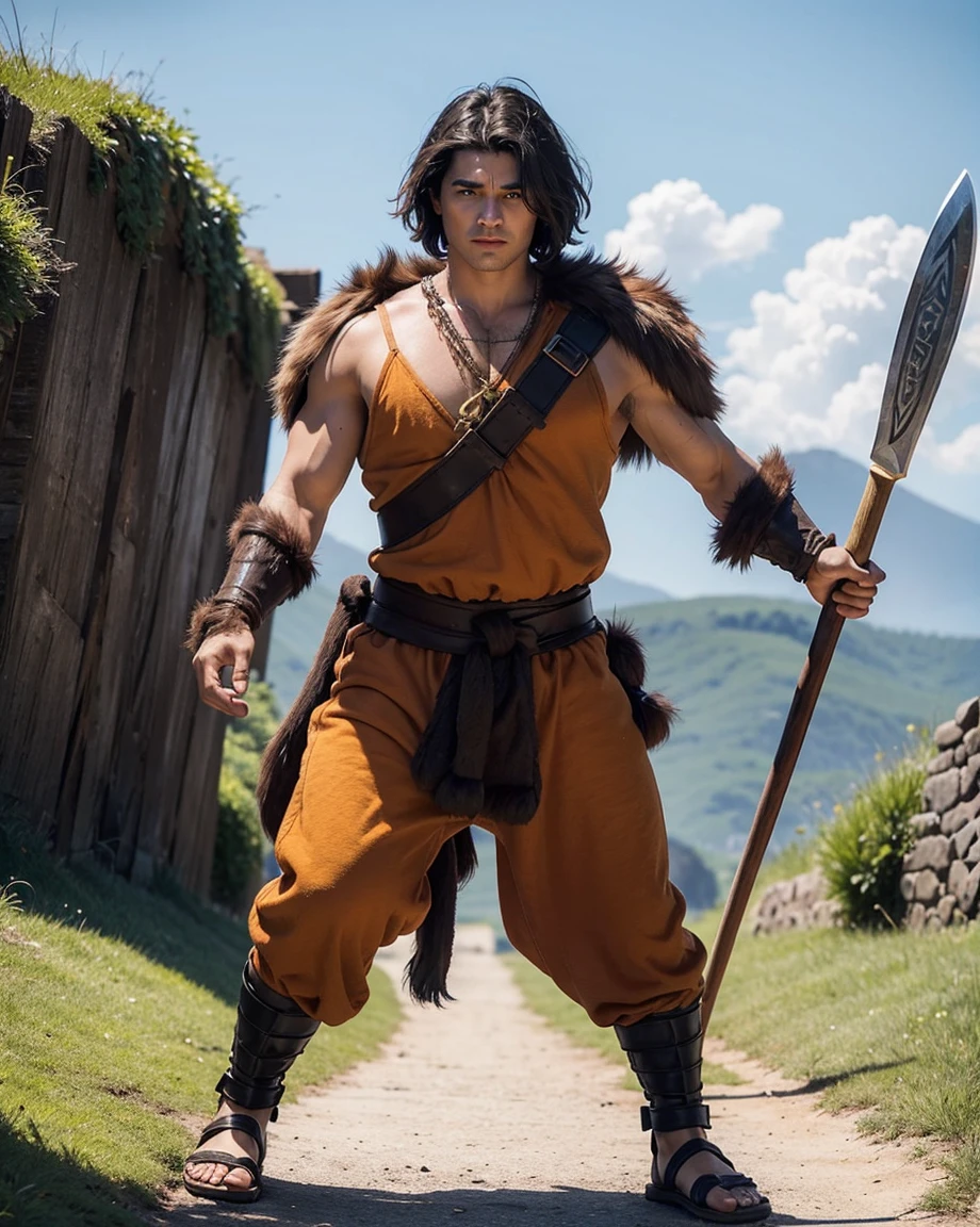 Youth with short black hair and brown eyes, fair skin and clean-shaven, dressed in short orange medieval barbarian fur tunic and trousers, weilding giant axe, sandals; fullbody; short hair, masculine, athletic