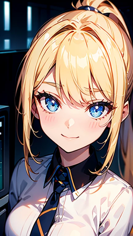 High quality, Best quality , masterpiece, Portrait、、Bright expression、ponytail、Young, shiny, white, glossy skin、Gloss Face、Shining Cheek Gloss、Small Face Beauty、The best beauty、The dazzling light of blonde hair、Bright blonde hair with dazzling highlights、Very beautiful shiny light blonde hair、super long silky straight hair、Her shiny, beautiful bangs are covering her eyes.、Sparkling, clear, attractive, bright, large, pale blue eyes、Very big eyes、eyeliner、very beautiful lovely cute 16 year old girl、young girl, Ample Bust, upper body , (smile:1.2) , (((office worker costume , ponytail )))),in house , medium breast 