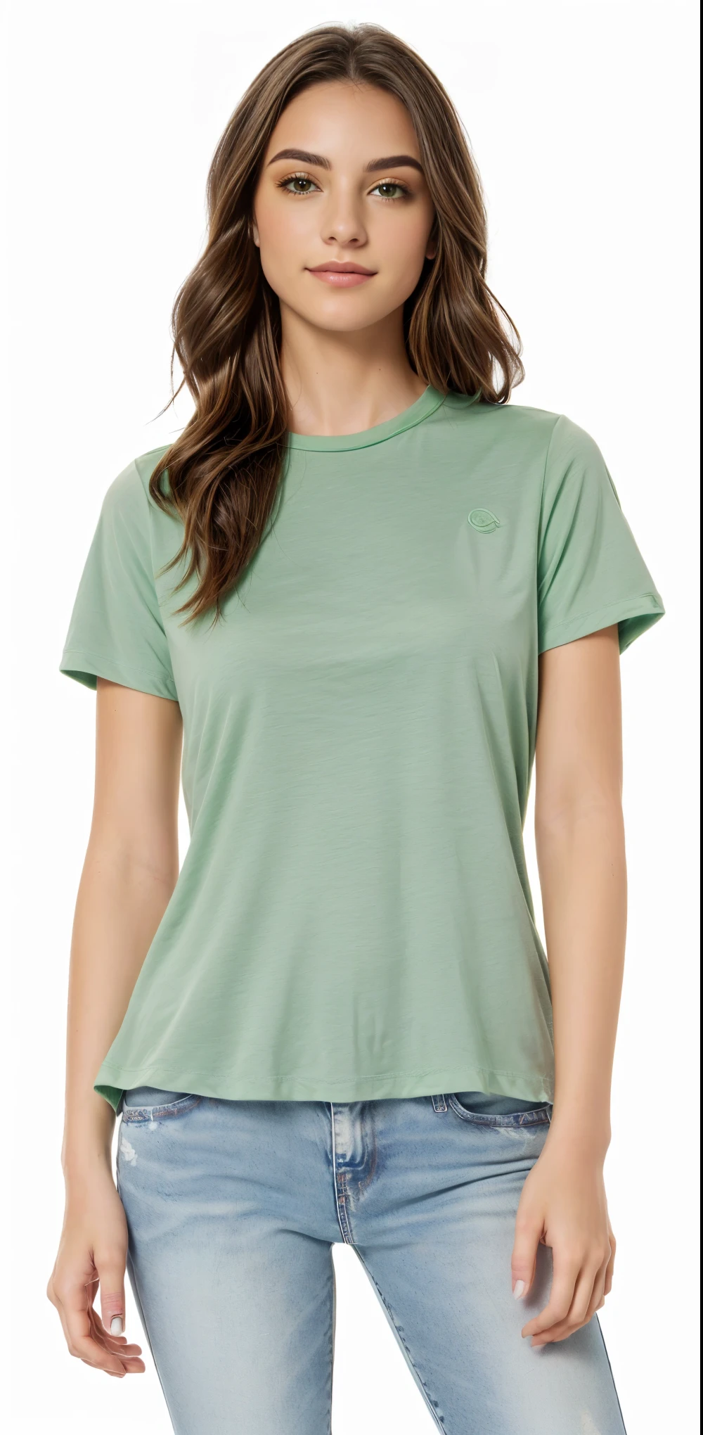 uma mulher vestindo uma camiseta verde e jeans, espuma do mar verde, sage green, Manga curta, casual roupas verdes, camisa verde, Verde floresta, roupas verdes, verde silenciado, verde oliva, velvia, verde pastel, prana, foto do produto, espuma cintilante, Zellk, Roupas casuais modernas, Jade verde, Retrato frontal, luz verde