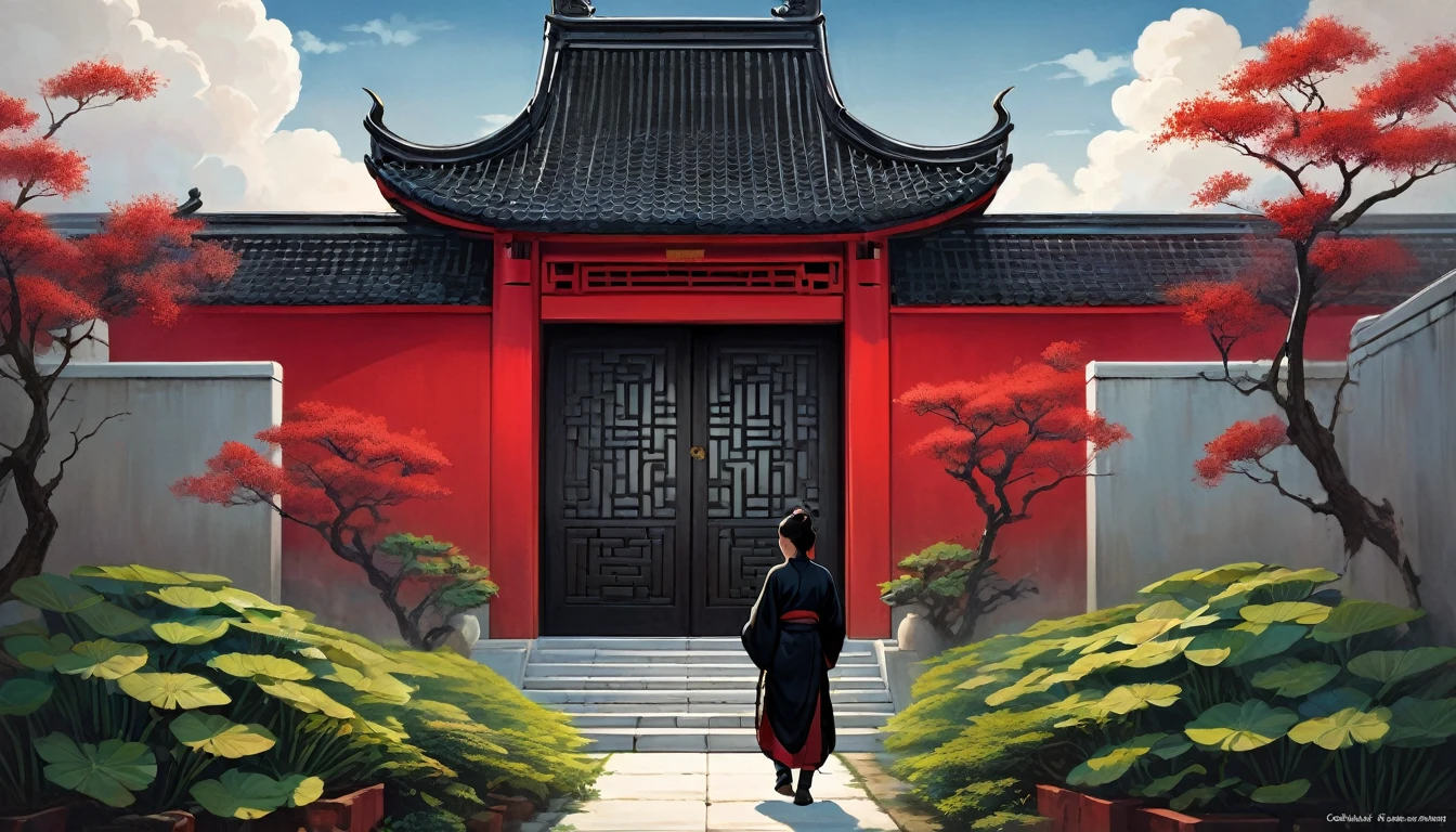 A painting of a person walking, Very exquisite Chinese classical door and plants, Mysterious Background, Layered Sky, Red and Black, Backlight, Traditional Chinese landscape style, New tradition, Oriental style, James Turrell, Plants are the history of Nagai, Fan Quang's style, Spooky reality, Crafty. I can't believe how beautiful it is. Symmetrical Configuration, large-scale, Use negative space, Look up, One-point perspective, Realistic ultra-detailed, 8k, High resolution