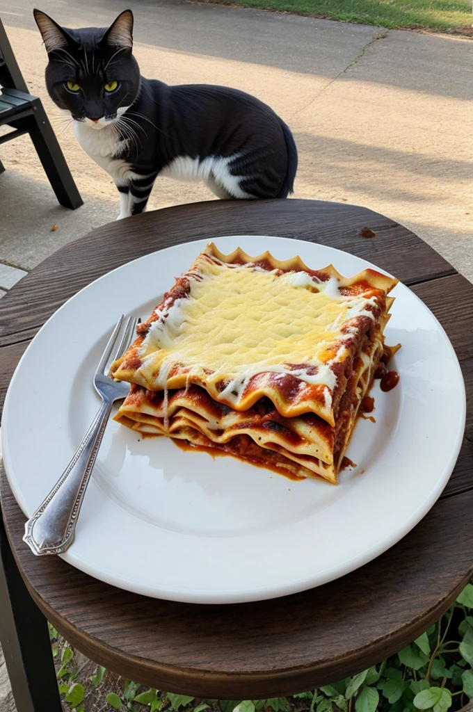 animal cat eating lasagna on a bench with cheese on the plate