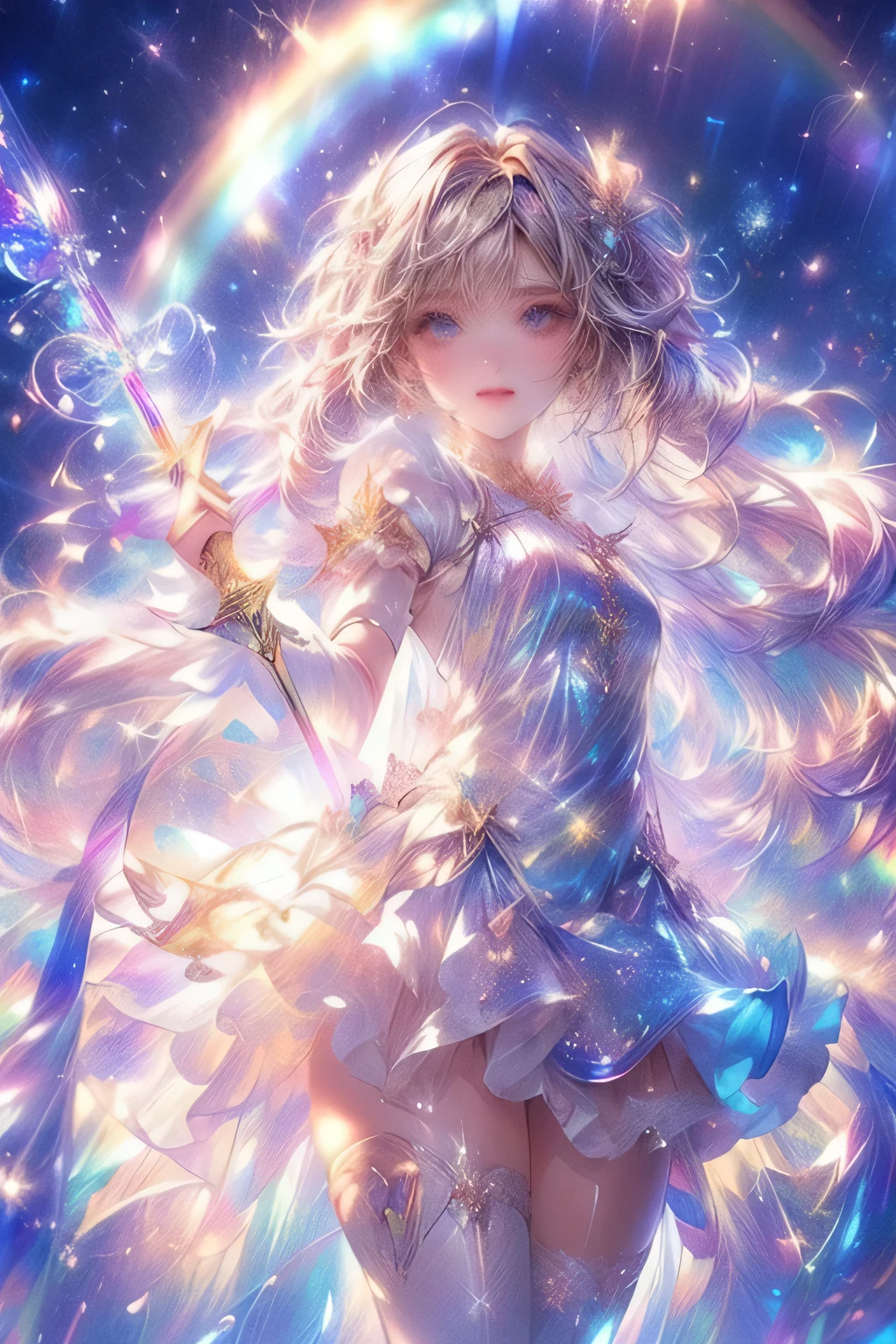 anime girl with a wand and a rainbow in the background, sparkling magical girl, splash art anime loli, cute anime waifu in a nice dress, official artwork, portrait of magical girl, beautiful celestial mage, beautiful anime girl, anime goddess, beautiful anime artwork, pretty anime girl, beautiful anime art, beautiful anime, glowing magical shiny skin, anime moe artstyle