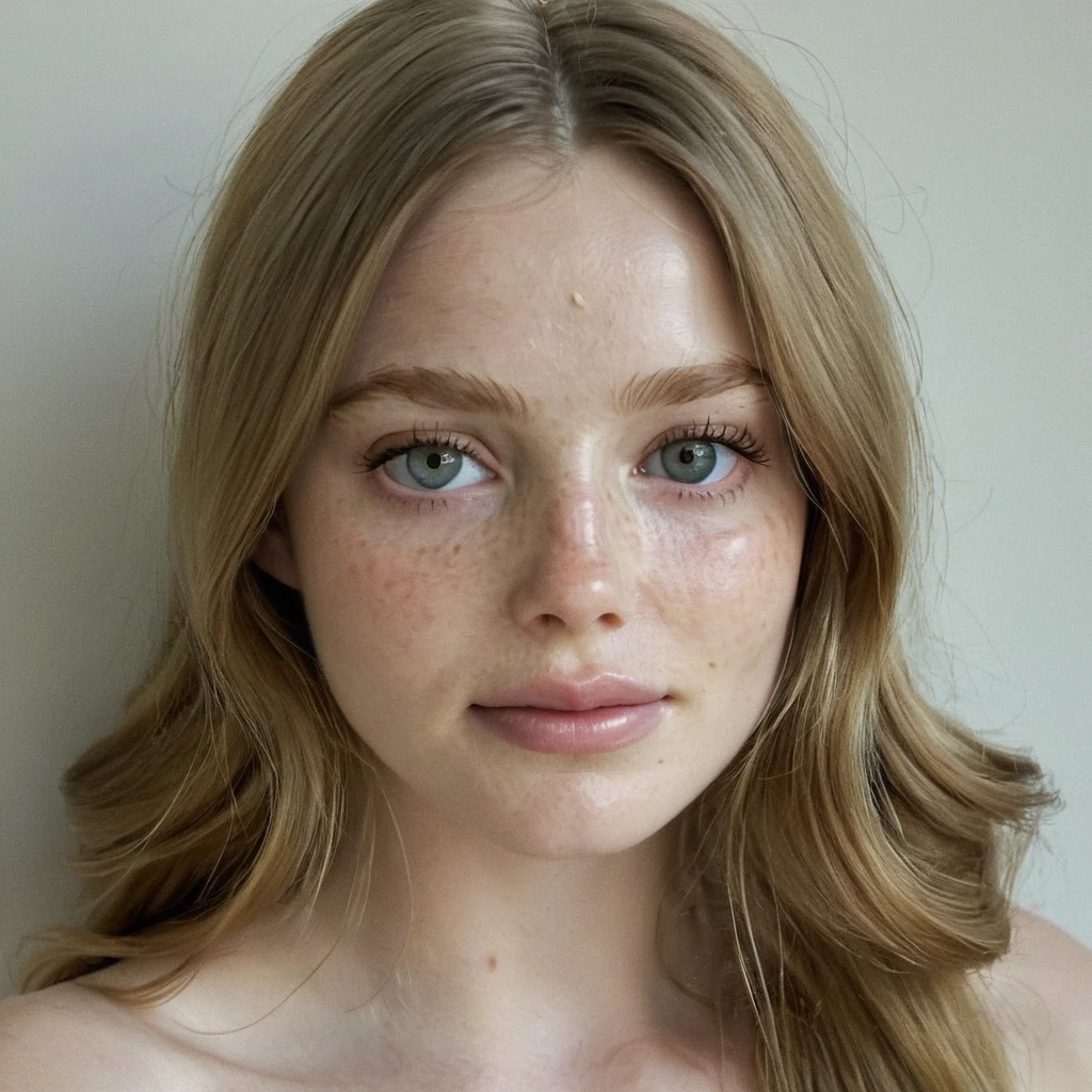 mulher, americana, 25 anos, pale skin and freckles, olhos cinzas, nariz delicado, soft and delicate lips, longo, cabelo blondie longo e ondulado na altura da cintura, sorriso meigo, face with delicate feminine facial features, altamente renderizado, ?????, seductive pose, full body shot