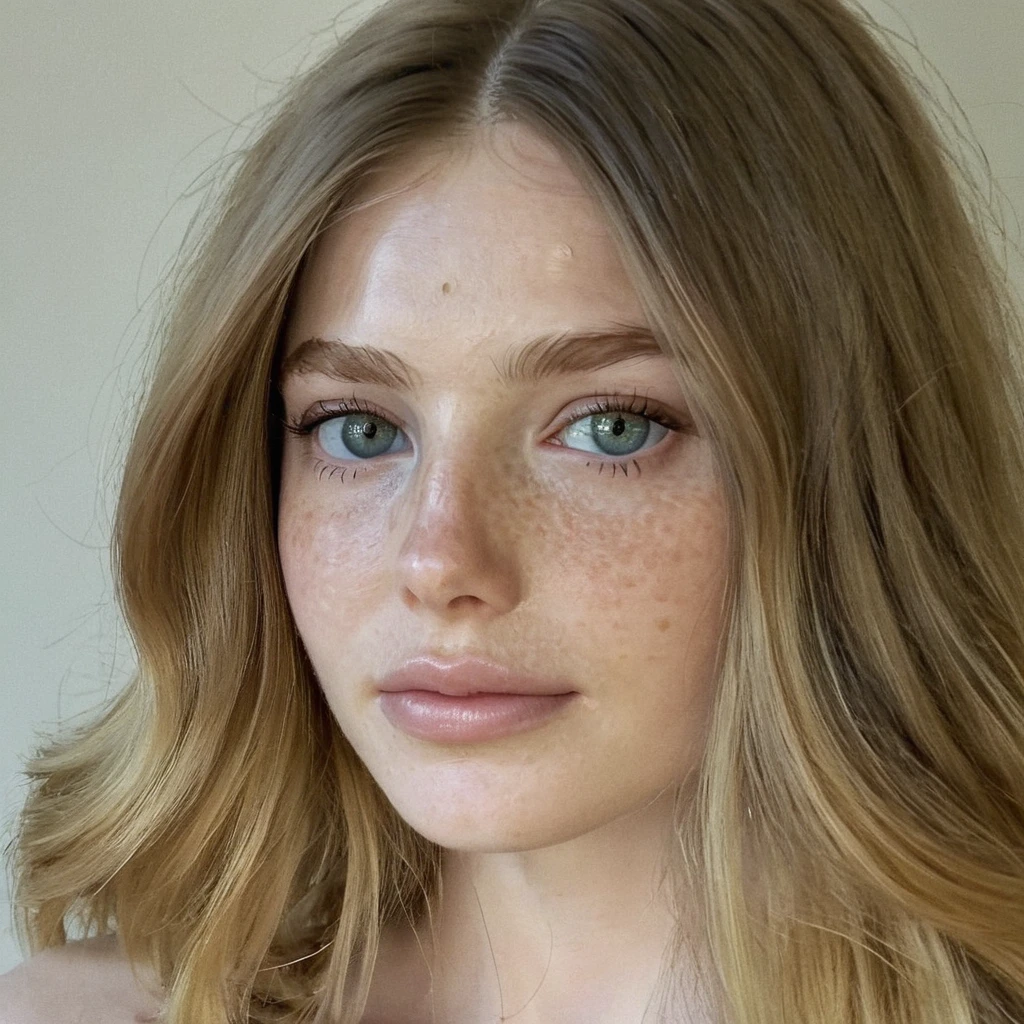 mulher, americana, 25 anos, pale skin and freckles, olhos cinzas, nariz delicado, soft and delicate lips, longo, cabelo blondie longo e ondulado na altura da cintura, sorriso meigo, face with delicate feminine facial features, altamente renderizado, naked, seductive pose, full body shot