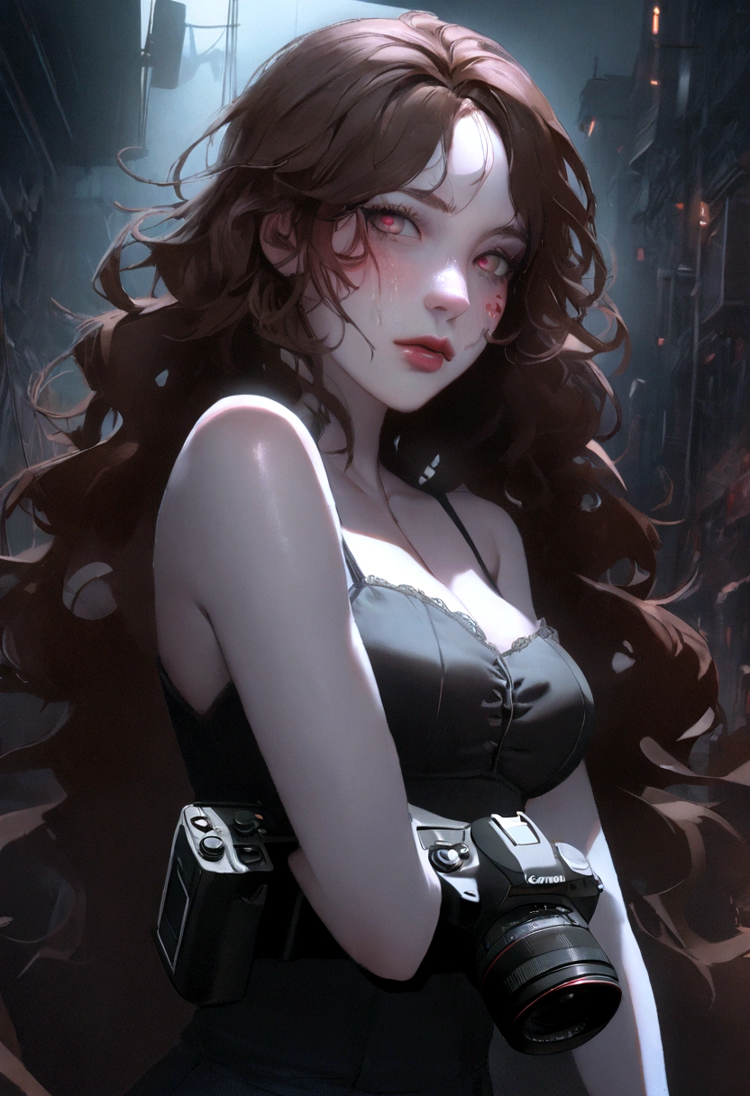 Full face portrait photo of 25 year old European girl, RAW, beautiful woman, semi-open strawberry lip, dimples, wistful expression, (brown hair with extra long wavy), ((detailed face)), ((detailed facial featureine detailed skin), pale skin, cyberpunk megacity environment, (cool color), moist, damp, reflection, (masterpieceShot with Canon EOS R5 (detail) (Realistic photos) (Detailed details) 50mm lens, f/2.8, HDR, (8k) (wallpaper) (cinematic lighting) (dramatic lighting) (sharp focus) (complex), RAW photography, RAW photography, gigachad photography, camera pose, black jeans, back arm, 8k uhd, dslr, high quality, Grain Film, Fujifilm XT3, Film Stock Photo 4 Kodak Portra 400 Camera F1.6 Lens Rich colors Ultra-realistic textures Dramatic lighting Unreal Engine Art Station Trends Cinestill 800 Tungsten, Toughboy Style, Ultra Focus Face, Intimidating, Fighting Position, Short Messy Hair, Muscles, Bursting Veins, Beadlack embroidered lingerie set)), ((Black camisole thin)),