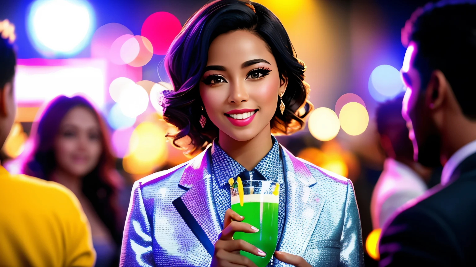 Woman holding a drink with glitter and pink pearlescent liquid, the American woman with black curly hair 