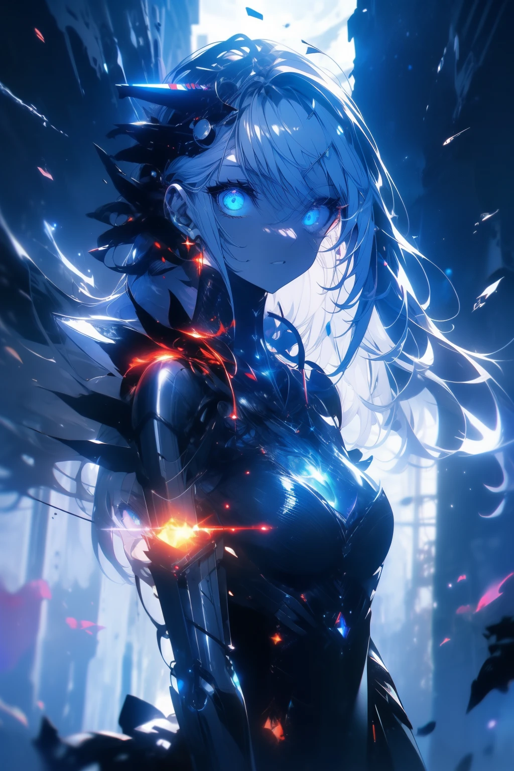 ((((dark atmosphere, moonless night, only stars)), 1girl, leaningforward, (((cyborg-esque, mechanical limbs)), dark suit, intense gaze)), (cat-like, lithe body), small breasts, (shaved head, white band on forehead), glowing eyes, dark lips, leaningforward, looking at distance, (middle distance), (outdoors, desolate landscape), sparse trees, faint moonlight, atmospheric fog), low-key lighting, moody, intense eyes, focus on distance, dark, atmosphere, mysterious, female, protagonist)