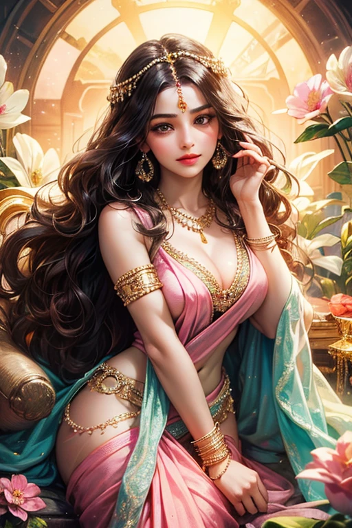 (absurderes, A high resolution, Ultra detailed, hdr), Masterpiece, Best quality, Portrait of an Indian
Goddess Lakshmi, extreme realistic very beautiful, animated style, closeup shot, anime in a((pink)) indian dress ((saree)), long black wavy hair untied, head jewellery, necklace, earings, armlets, bangles and bracelets, rings, pleasant expression, bright big black eyes, holding a flower, natural beauty, vibrant colors, dreamy, northern light, pink bubble, romantic, soft lighting, vintage aesthetic