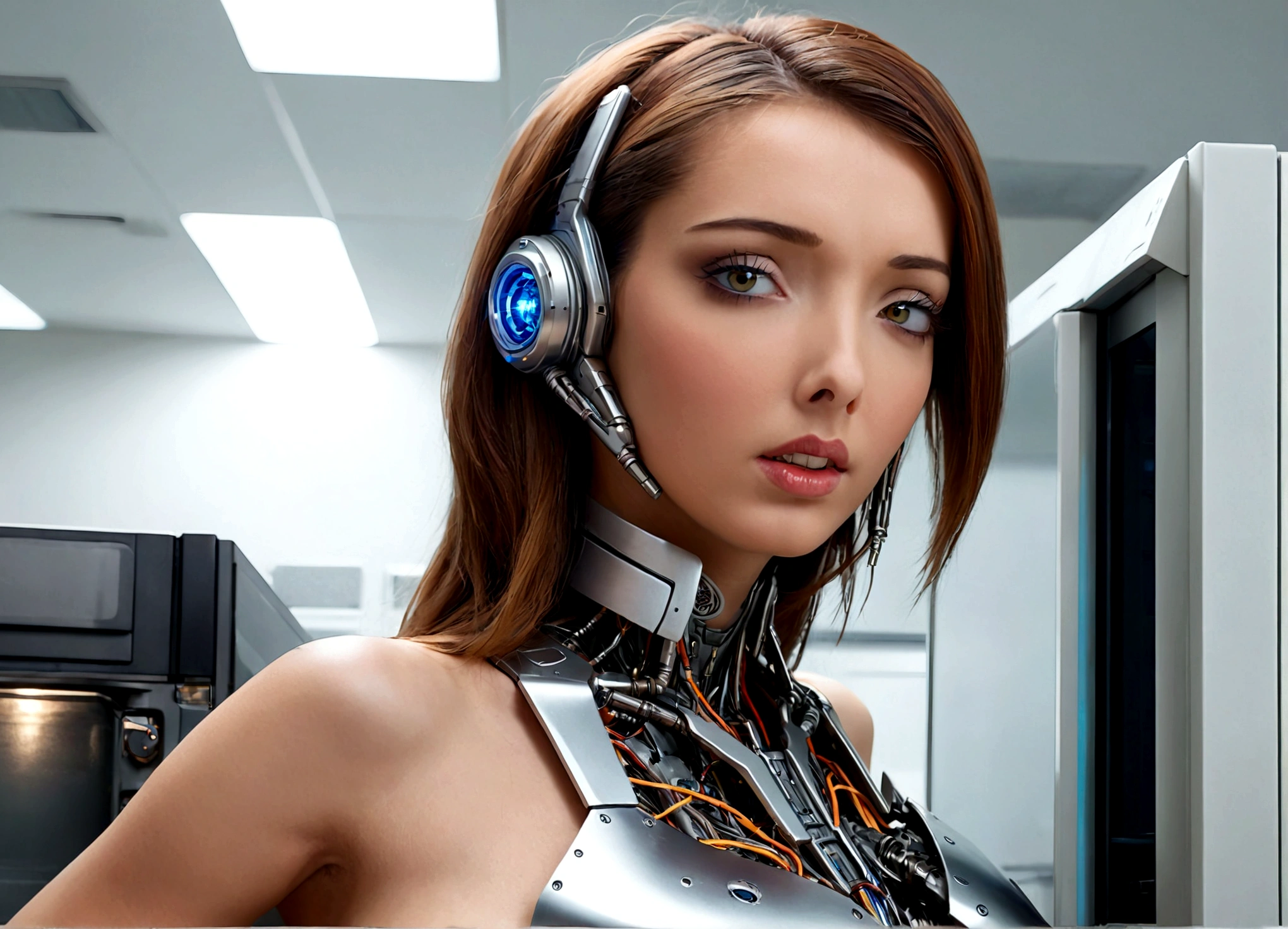 A transformer that hides as a microwave oven, cyborg woman, beautiful detailed eyes, beautiful detailed lips, extremely detailed face, office break room, confused office worker, seduction, photorealistic, 8k, hyperdetailed, cinematic lighting, dynamic composition, vibrant colors, science fiction, concept art