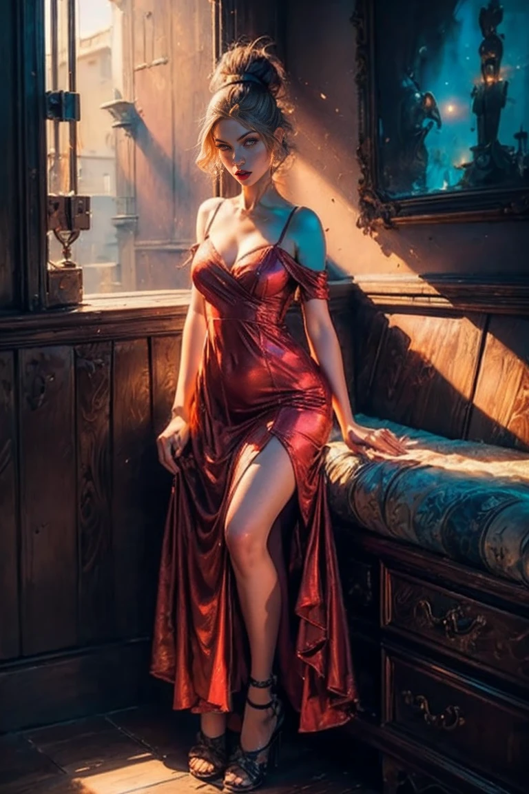 perfect face, perfect body, full body, perfect hand, good hand, good fingers, / colorful design , mythical, erotic, sunlight, glowing light,/ fatal seduction, erotic pose, look at far away ,/ big eyes, nice girl, red lips, light pink dress
