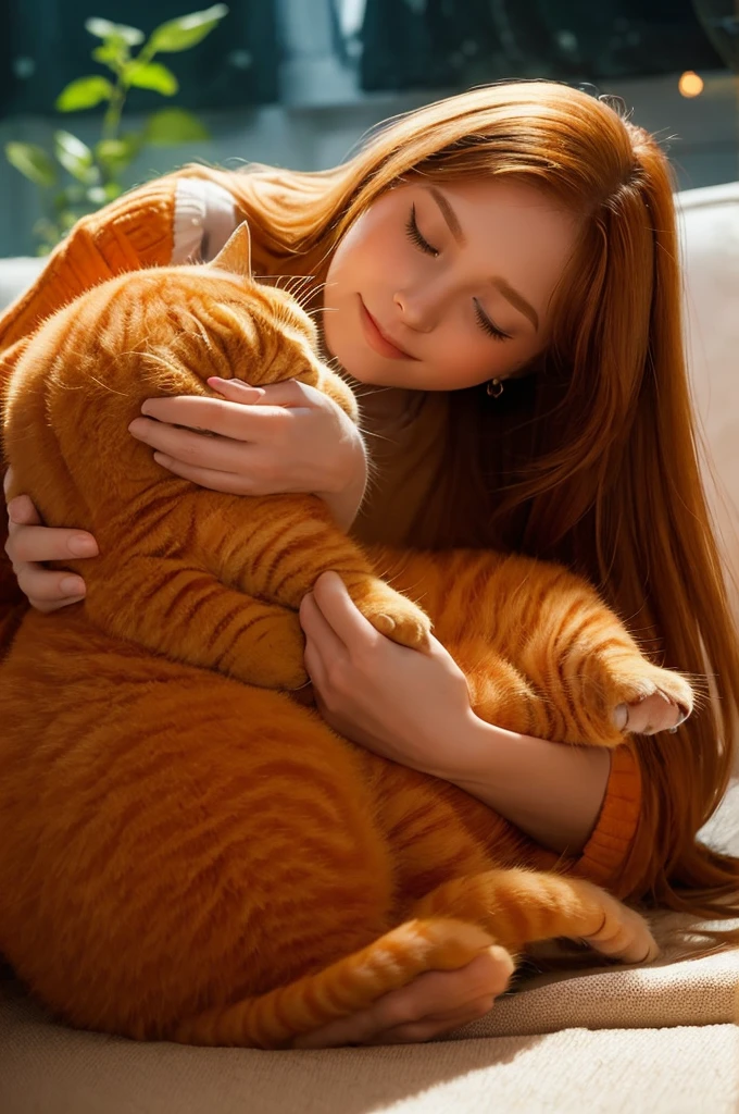 “A giant orange tabby cat gently cradling a tiny human woman in its paws. The woman is lying peacefully, appearing comfortable and safe in the cat’s embrace. The scene conveys a sense of protection, warmth, and surreal fantasy. The background is blurred to emphasize the focus on the cat and the woman.”