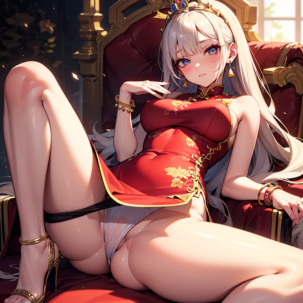(((8K, masterpiece, best quality, ultra detailed))), HDR, lens flare, particles, chinese gorgeous royal style, A cute princess on a throne in a palace, (composition close to her), (perfect anatomy), spread legs, lift up skirt, show off panty, ((detailed tight short cheongsam, detailed kawaii anime face, detailed smooth legs skin, detailed eyes, detailed sexy panty, detailed hair)), large breasts, many large presence accessaries, stiletto heel, tiara, hair ornaments, earrings, bracelets, anklets, trinkets, smoky makeup, eyeshadow, heavy makeup,