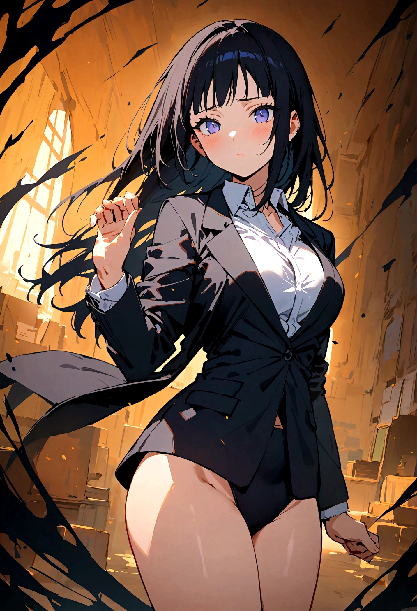 Masterpiece, best quality,1girl,black hair, Hinata hyuga,full body, office black suit,white shirt inside,sexy body, cowboy shot, looking at viewer 