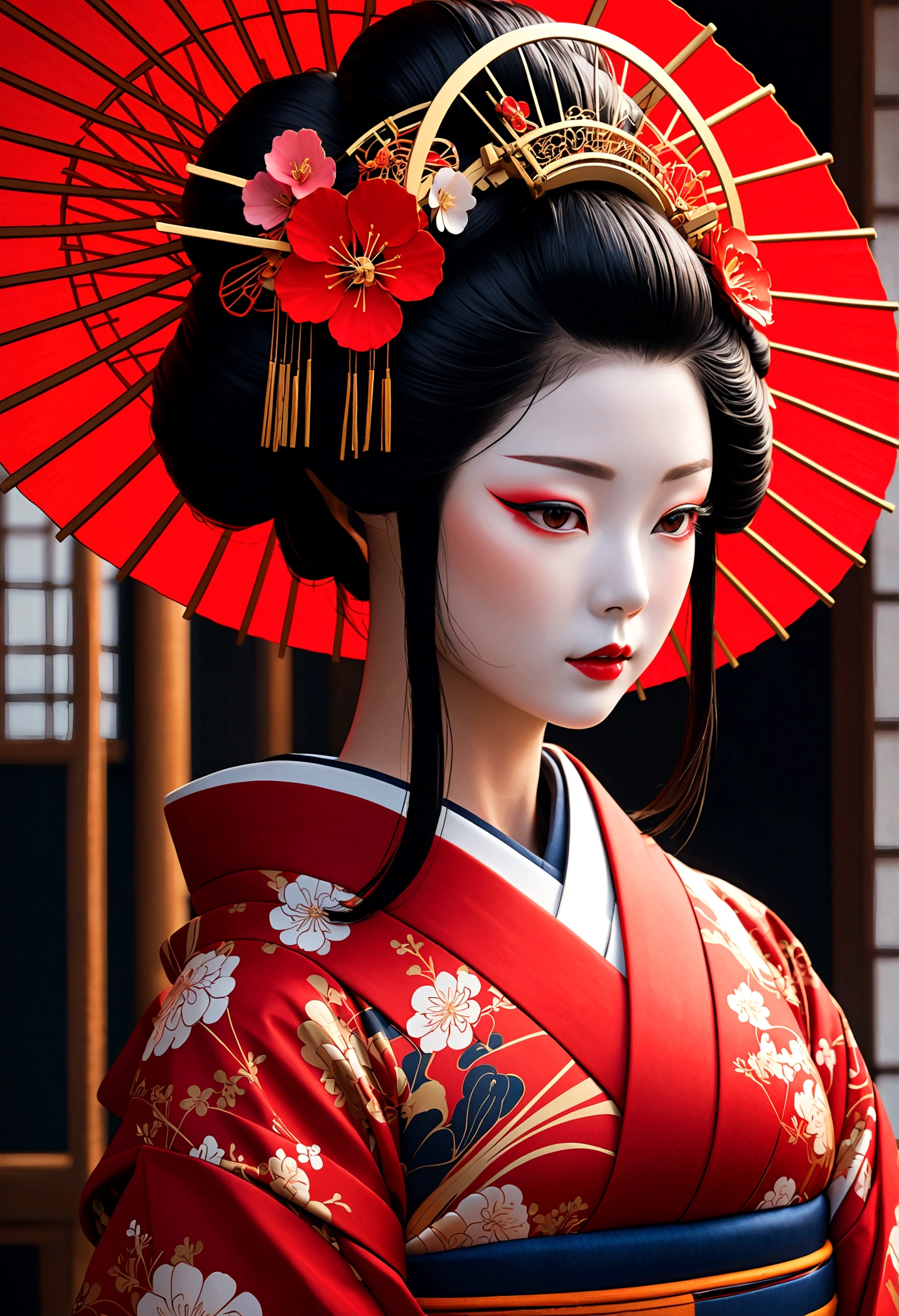 masterpiece, best quality, Extremely detailed,((geisha)) ,Cybernetics,Cybernetics部件,Line Art