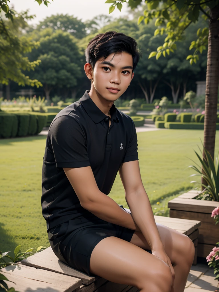 A portrait of a young Indonesian man with short hair, wearing a black polo shirt, black shorts, and black shoes. Sitting in a serene rustic garden, he creates a calm and elegant atmosphere. The simplicity of his attire blends perfectly with the natural beauty of the garden, resulting in a captivating photo.