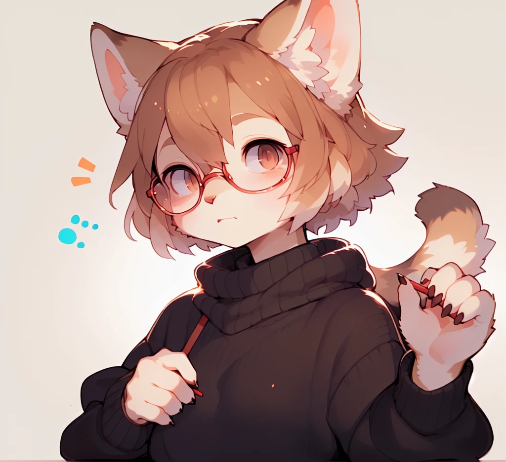 Solo, anthro, feline, domestic cat, grey fur, grey body, brown hair, short hair, hair over eye, brown eyes, red glasses, sweater, turtleneck, by bebebebebe, by pgm300, by buta99, by suurin 2, by sindoll, by kishibe