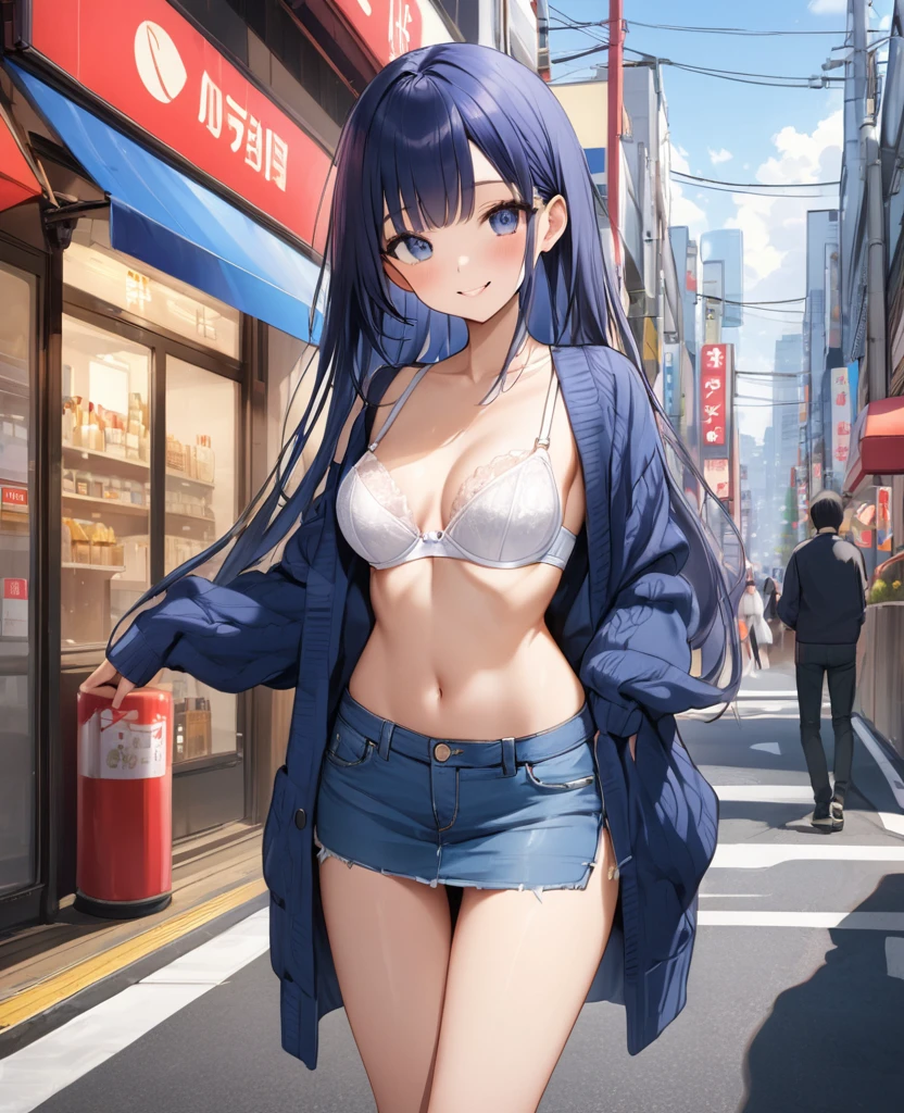 (((masterpiece, highest quality:1.3,absurdres))),20 year old beauty,solo,((very small head:1.2)),long hair,bangs,dark blue hair,dark blue eyes,gorgeous eyes,blush,smile,medium breasts,((very long body)),((toned body:1.2,slender body)),skinny,gleaming skin,shiny skin,((Navy blue cardigan、White bra、Blue denim miniskirt)),on street,Tokyo、